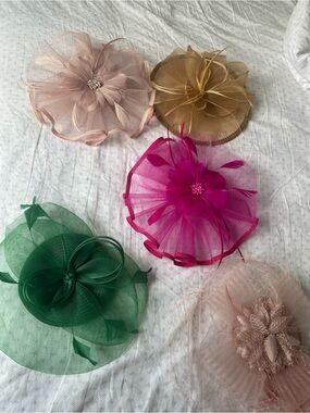 Colorful Floral Mesh Fascinator Hat Set - Pink, Green, Gold, Blush, Fuchsia